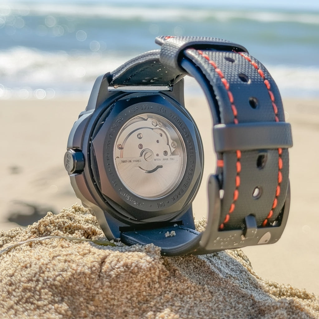 Watch with a blue strap on a sandy beach with ocean in the background